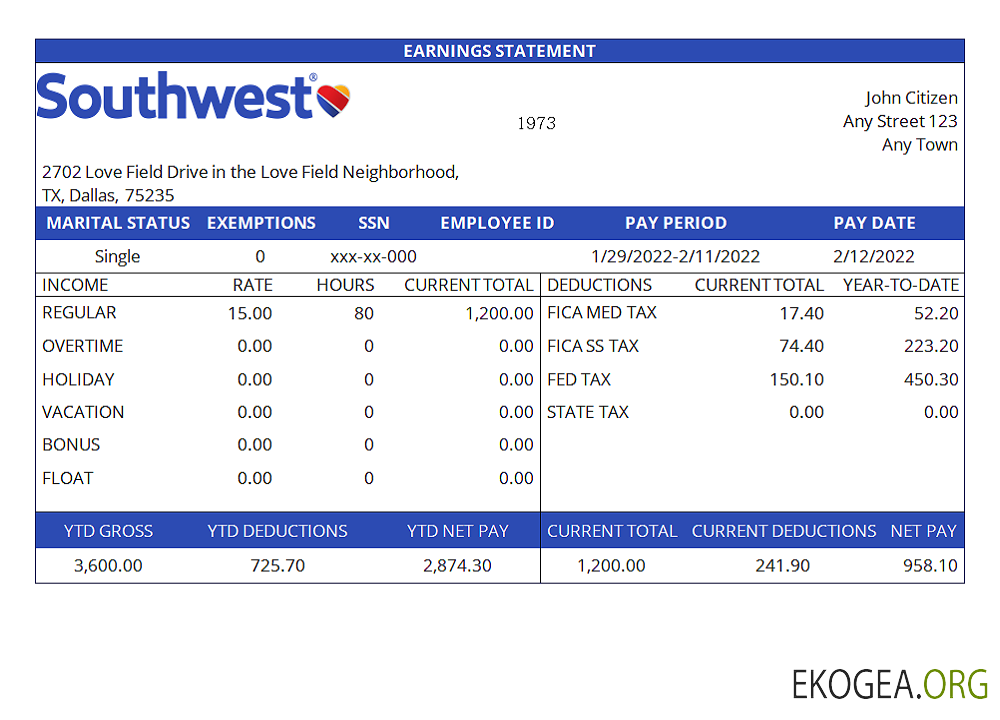 Bulletin de paie de la compagnie aérienne USA Southwest Airlines